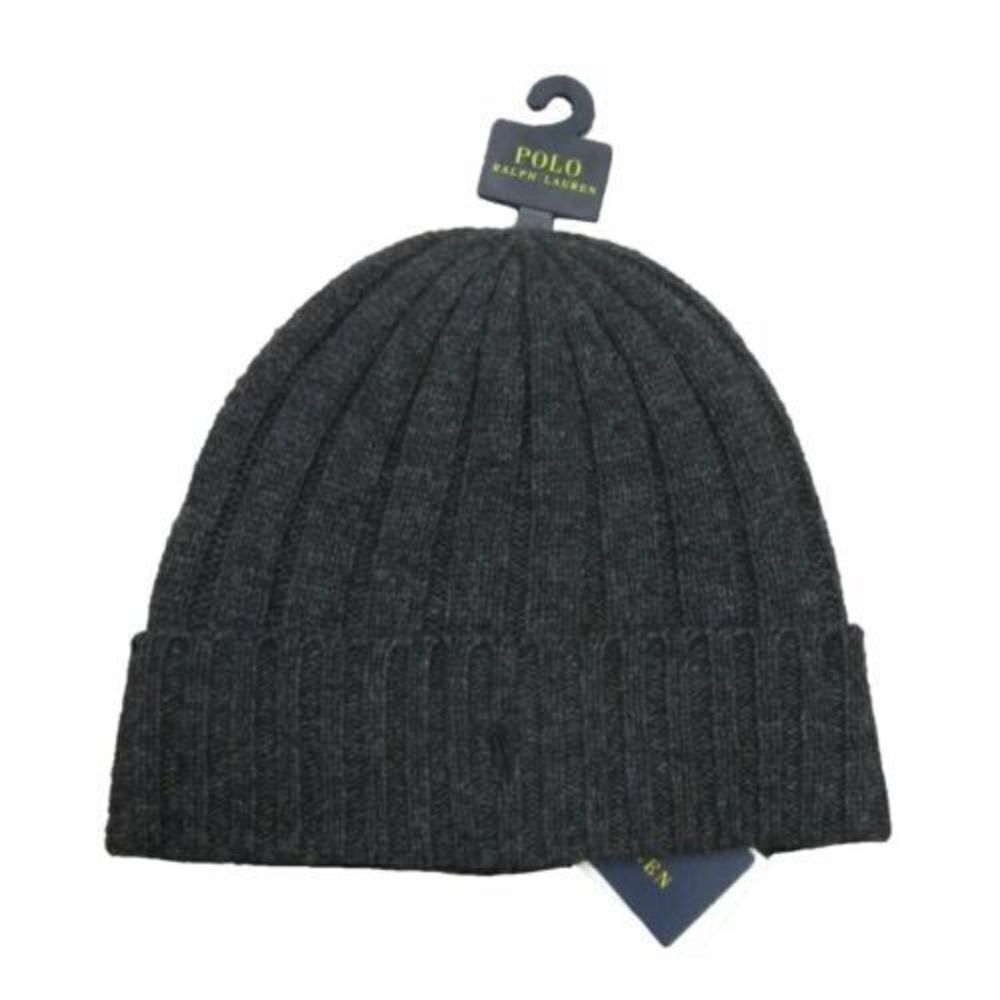 New Polo Ralph Lauren Men's Dark Gray Wool Blend Ribbed Cuff Beanie